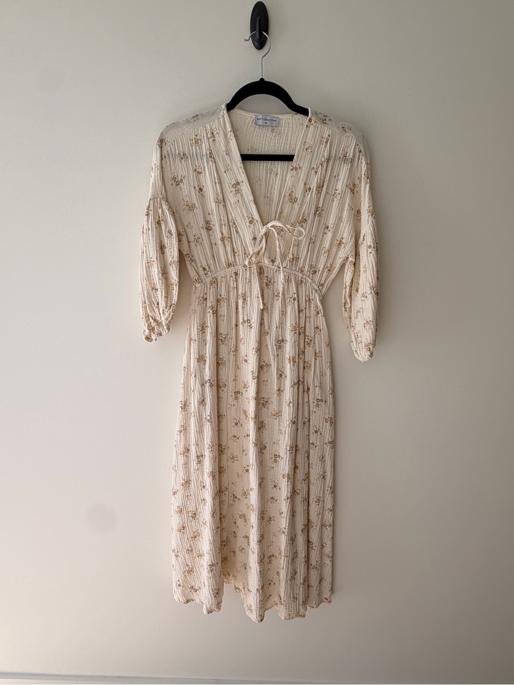 Cream Floral Midi Dress with Tie Front